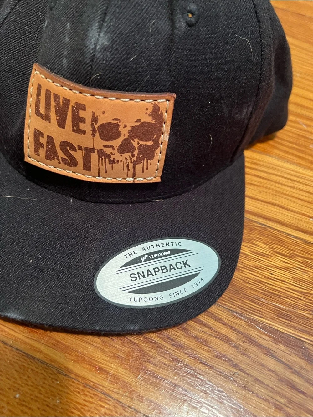 The Classics Yupoong Snapback Hat Black Live Fast Skull Leather Patch Acrylic